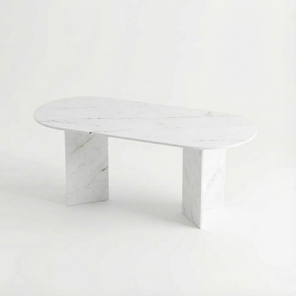 Neyda Beyaz Mermer Yemek Masası - Köşe Yuvarlak Kesim, V Mermer Ayak
