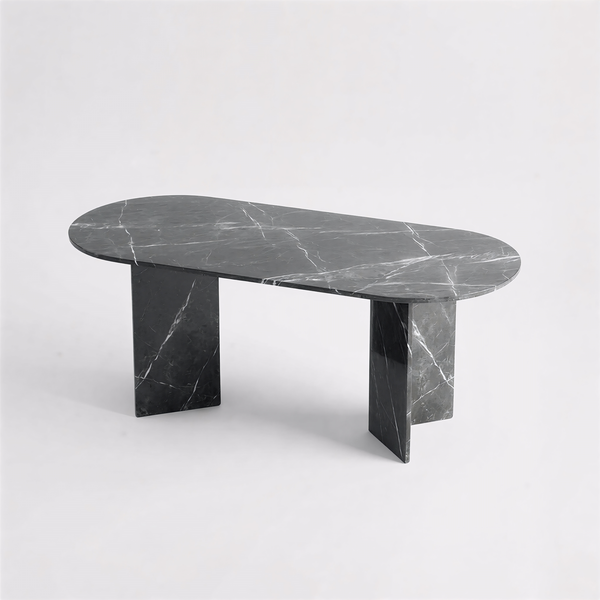 Neyda Siyah Mermer Yemek Masası - Köşe Yuvarlak Kesim, V Mermer Ayak