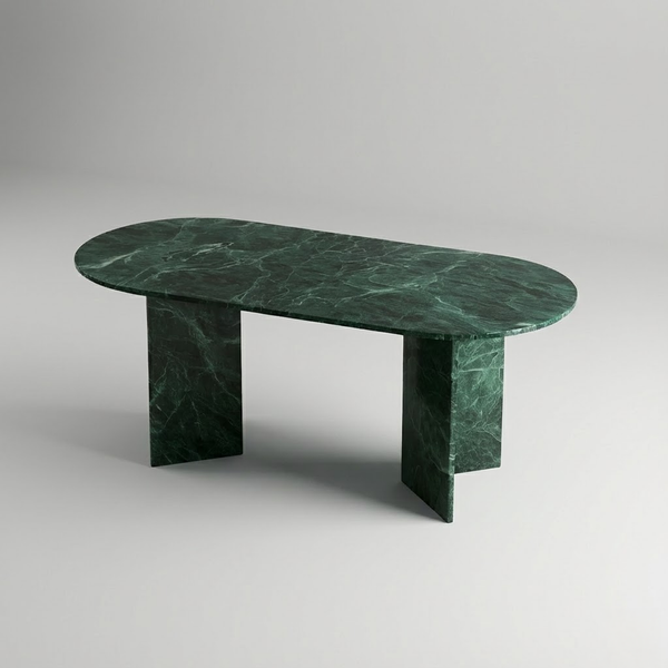 Neyda Yeşil Mermer Yemek Masası - Köşe Yuvarlak Kesim, V Mermer Ayak