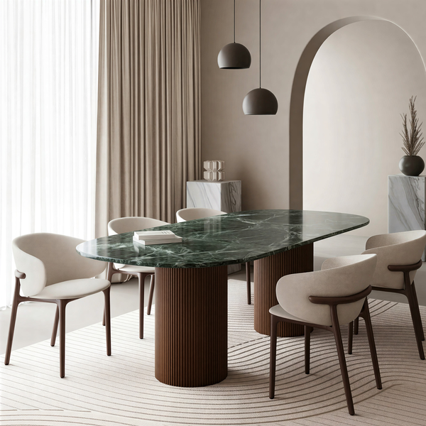 Nora Yeşil Mermer Yemek Masası - Köşe Yuvarlak Kesim, Ceviz Ahşap Ayak