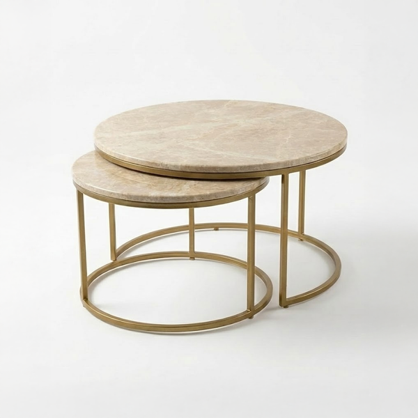 Solis Bej Mermer İkili Orta Sehpa Takımı - Mat Gold Ayak