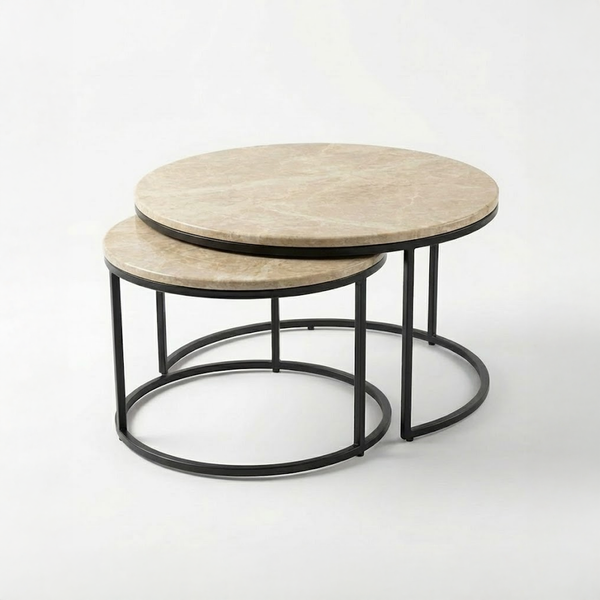 Solis Bej Mermer İkili Orta Sehpa Takımı - Siyah Ayak