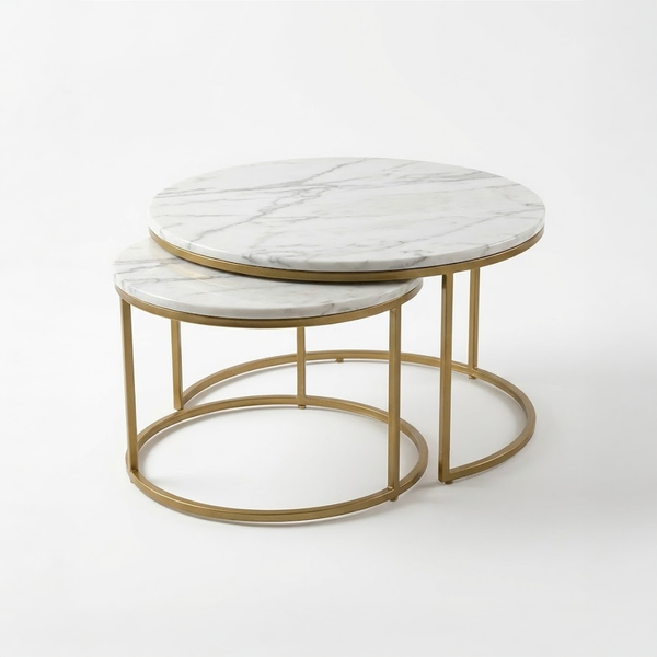 Solis Beyaz Mermer İkili Orta Sehpa Takımı - Mat Gold Ayak