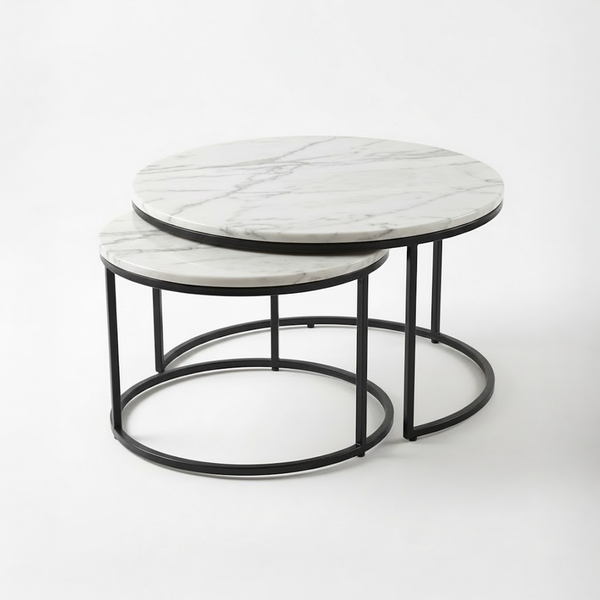 Solis Beyaz Mermer İkili Orta Sehpa Takımı - Siyah Ayak