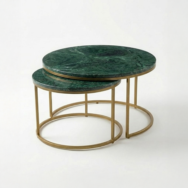 Solis Yeşil Mermer İkili Orta Sehpa Takımı - Mat Gold Ayak